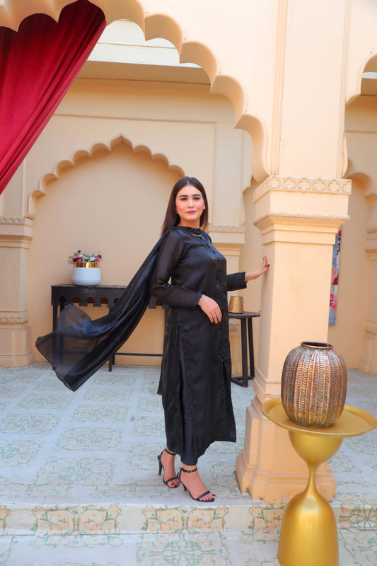 Midnight Black Silk Lace-Back Suit with Beaded Dupatta