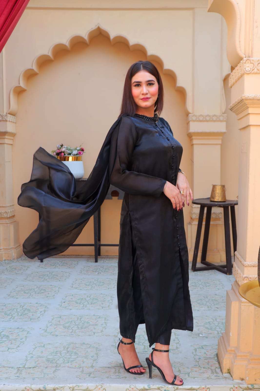 Midnight Black Silk Lace-Back Suit with Beaded Dupatta