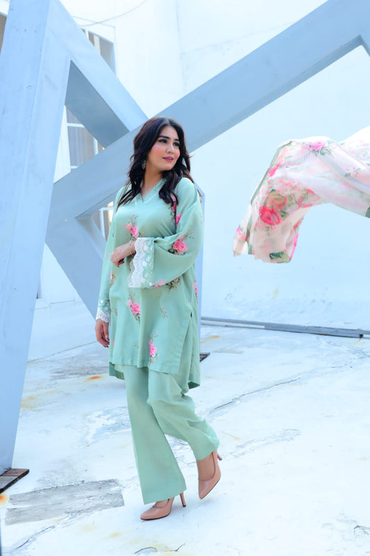 Mint Bloom — Printed & Embroidered Lawn 3-Piece Suit