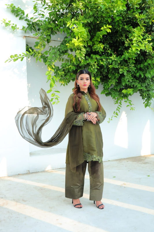 Lustrous Olive Silk Suit with Cutwork Details