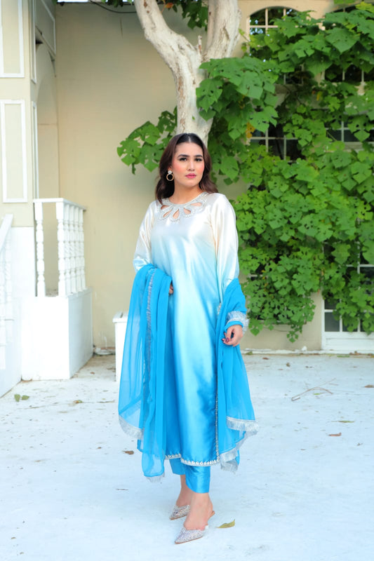 Ethereal Blue Ombre Silk Suit with Pearl Detailing