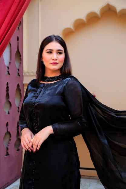 Midnight Black Silk Lace-Back Suit with Beaded Dupatta