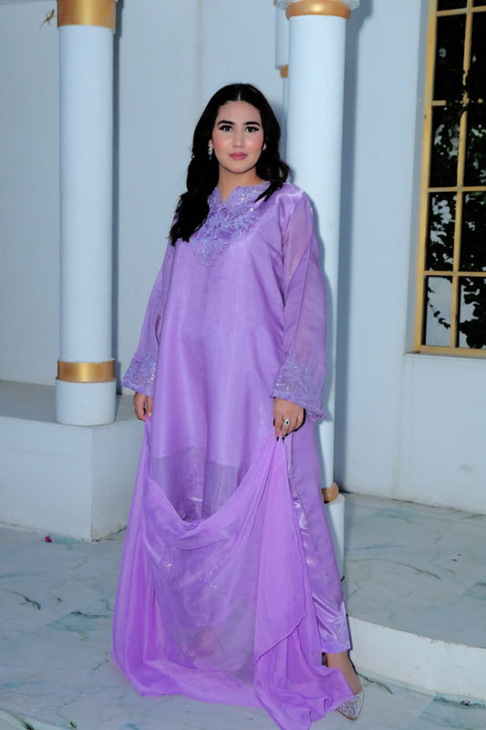 Lavender Sheesha Silk Kaftan Set with Flowing Chiffon Drape