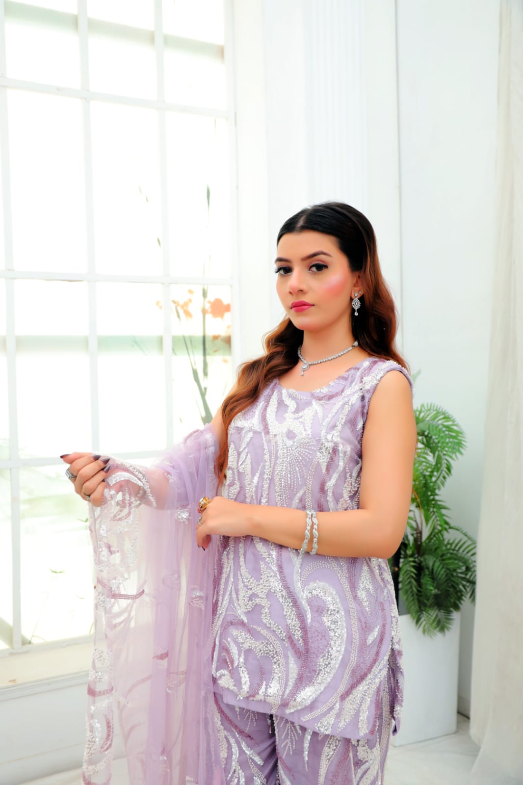 Lilac Feathered Glamour — 3-Piece Sequined Net Set