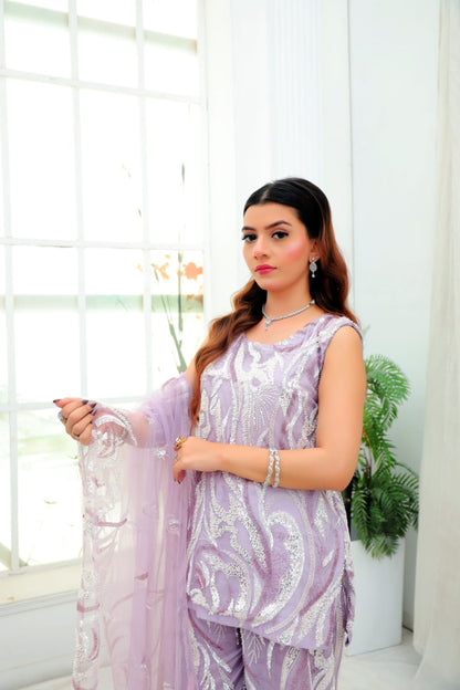 Lilac Feathered Glamour — 3-Piece Sequined Net Set