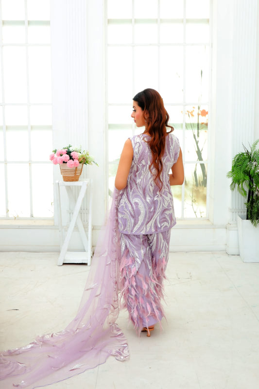 Lilac Feathered Glamour — 3-Piece Sequined Net Set