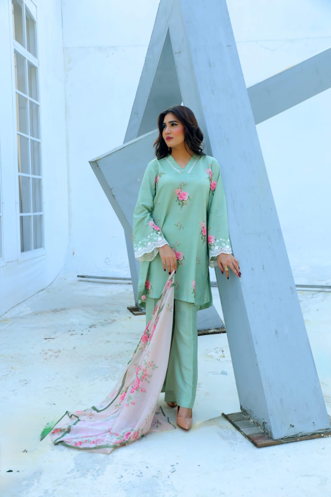 Mint Bloom — Printed & Embroidered Lawn 3-Piece Suit