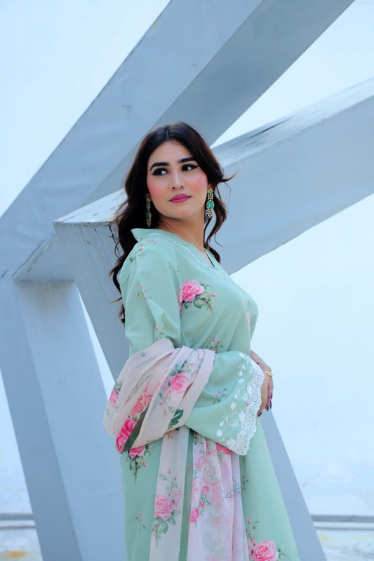 Mint Bloom — Printed & Embroidered Lawn 3-Piece Suit