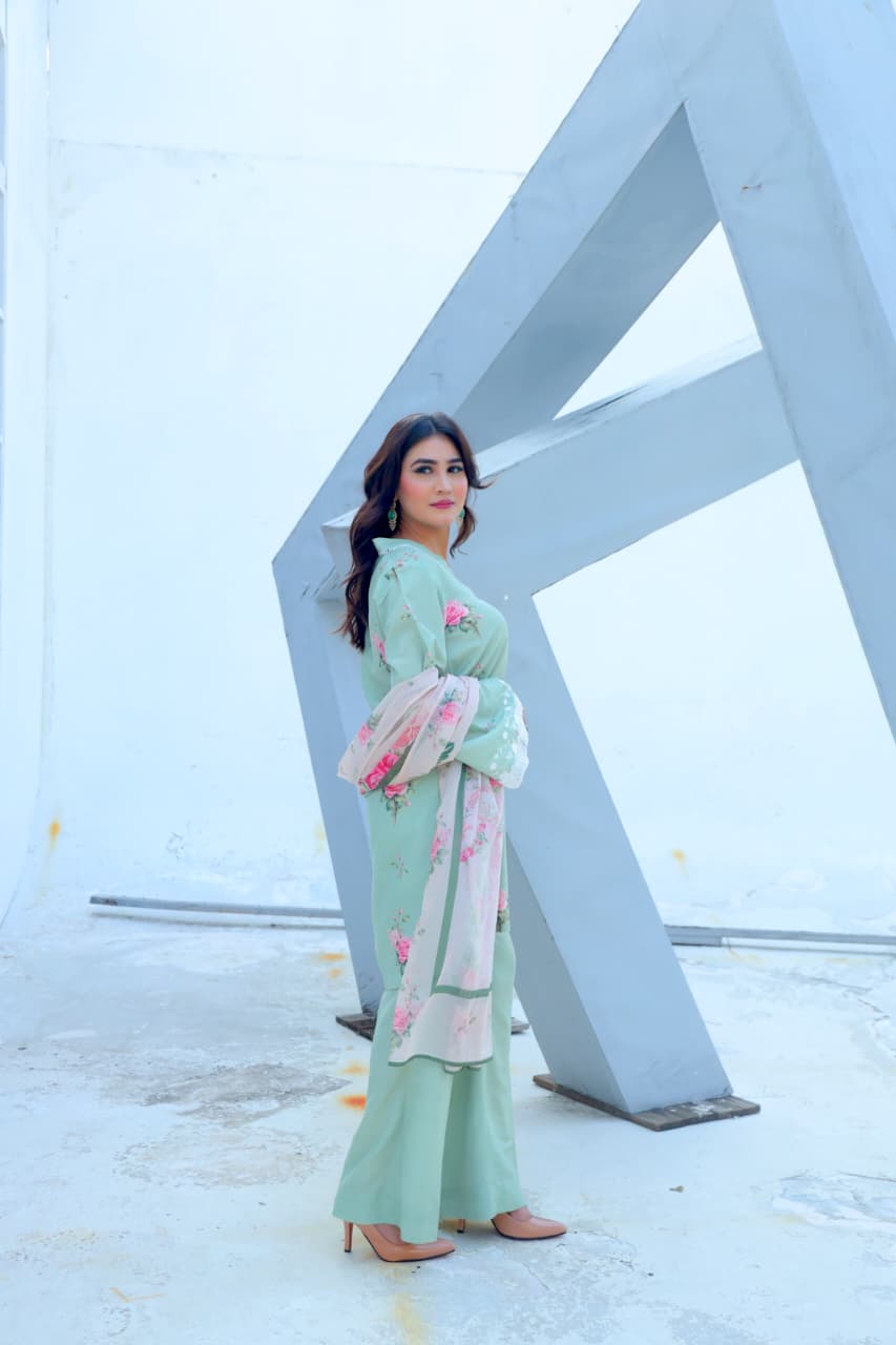 Mint Bloom — Printed & Embroidered Lawn 3-Piece Suit