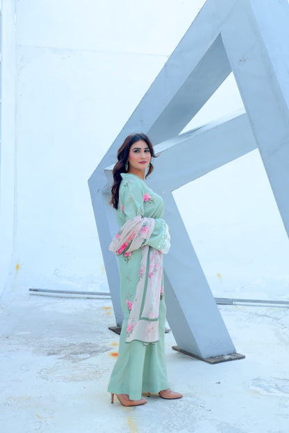Mint Bloom — Printed & Embroidered Lawn 3-Piece Suit