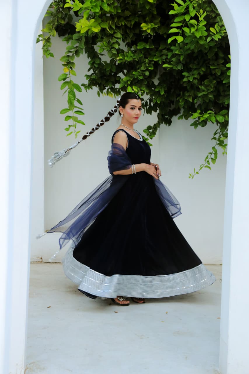 Midnight Sapphire — Heavy Panelled Micro Velvet Maxi