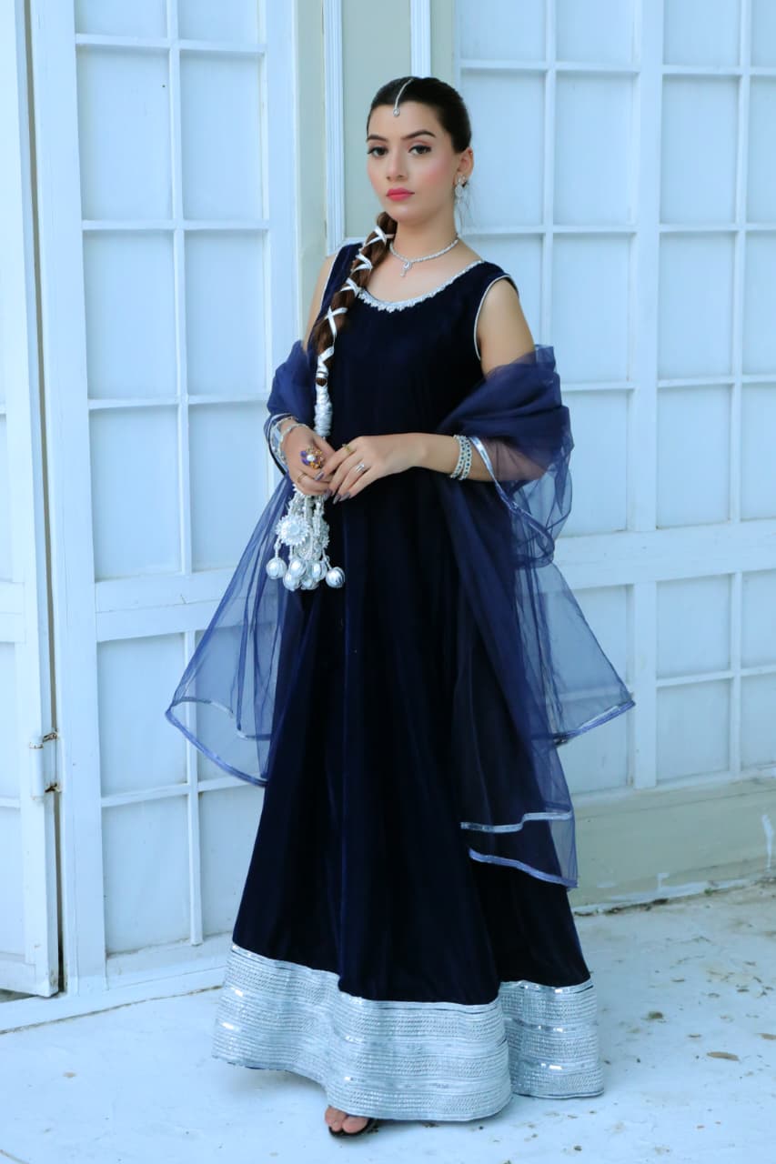 Midnight Sapphire — Heavy Panelled Micro Velvet Maxi