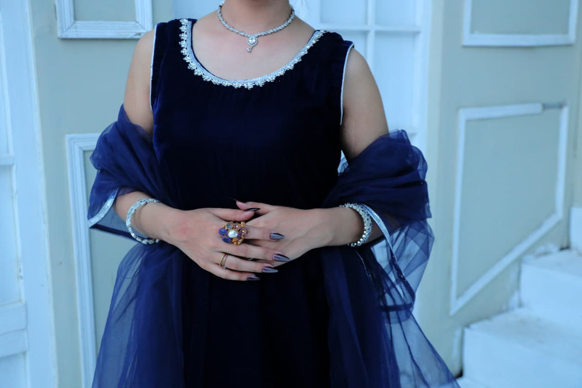 Midnight Sapphire — Heavy Panelled Micro Velvet Maxi