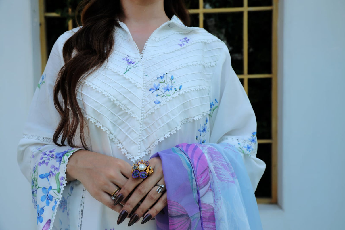 Celeste White & Blue Floral Lawn Suit with Chiffon Dupatta