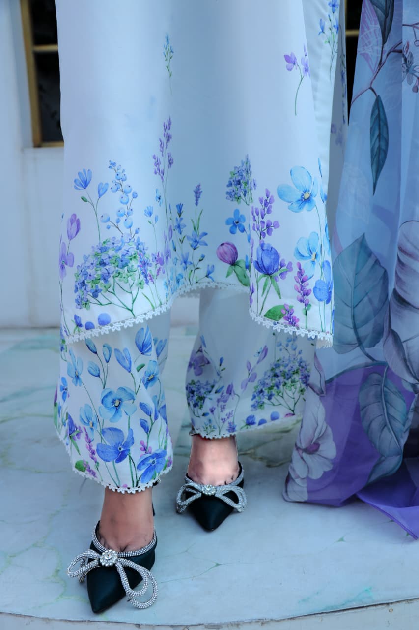 Celeste White & Blue Floral Lawn Suit with Chiffon Dupatta