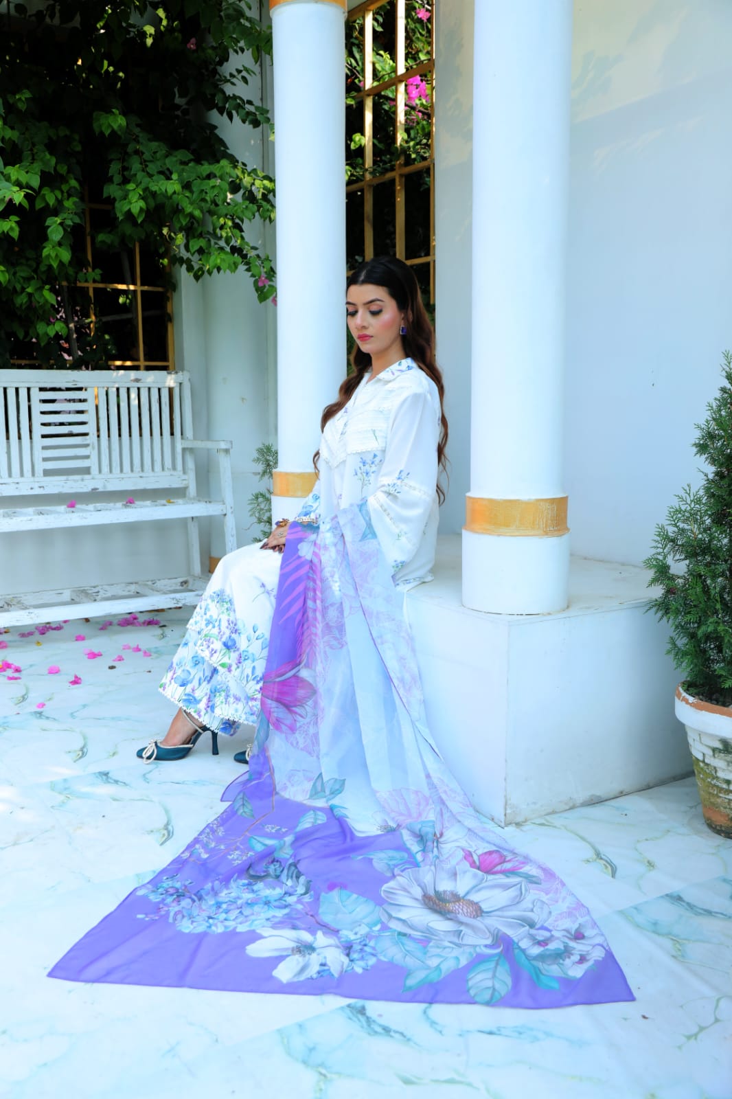 Celeste White & Blue Floral Lawn Suit with Chiffon Dupatta