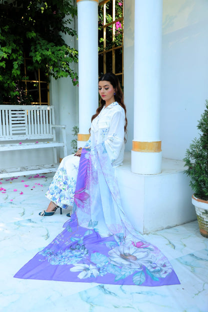 Celeste White & Blue Floral Lawn Suit with Chiffon Dupatta