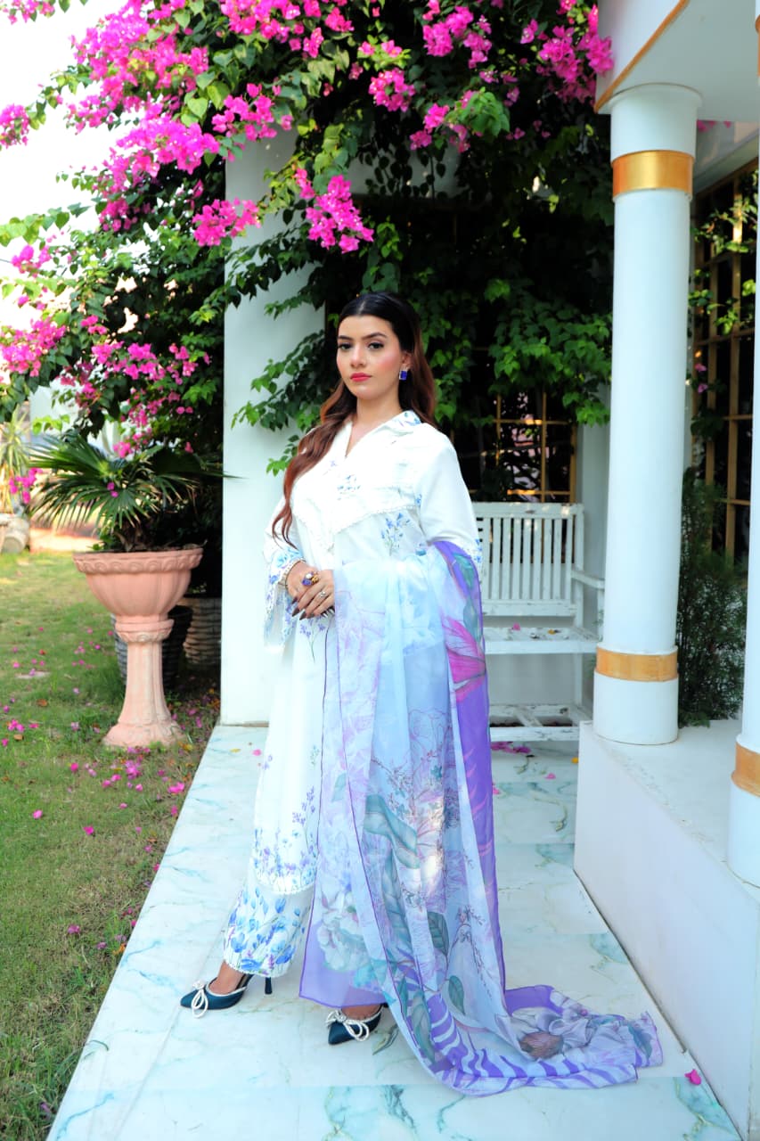 Celeste White & Blue Floral Lawn Suit with Chiffon Dupatta