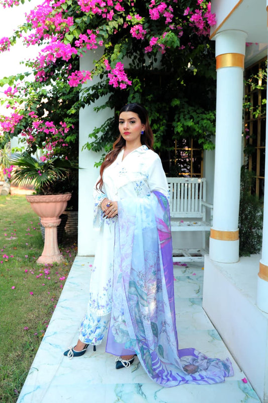 Celeste White & Blue Floral Lawn Suit with Chiffon Dupatta
