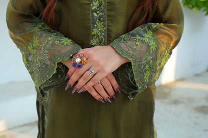 Lustrous Olive Silk Suit with Cutwork Details