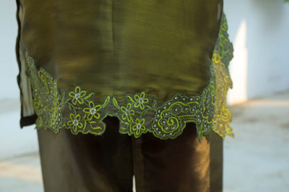 Lustrous Olive Silk Suit with Cutwork Details