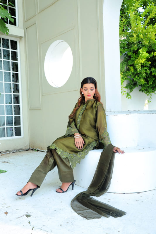 Lustrous Olive Silk Suit with Cutwork Details