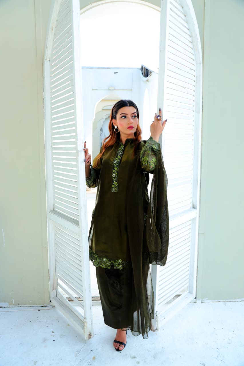 Lustrous Olive Silk Suit with Cutwork Details
