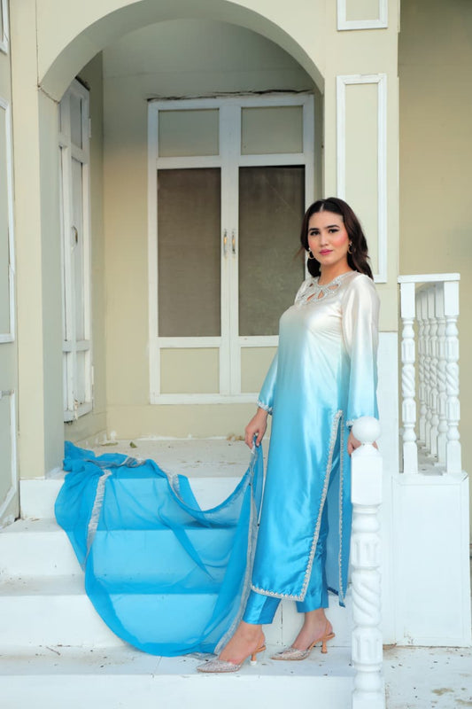 Ethereal Blue Ombre Silk Suit with Pearl Detailing