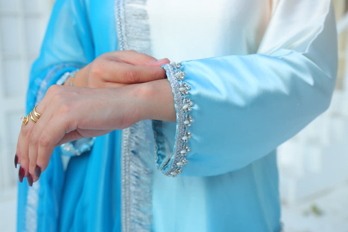 Ethereal Blue Ombre Silk Suit with Pearl Detailing