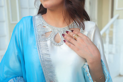 Ethereal Blue Ombre Silk Suit with Pearl Detailing