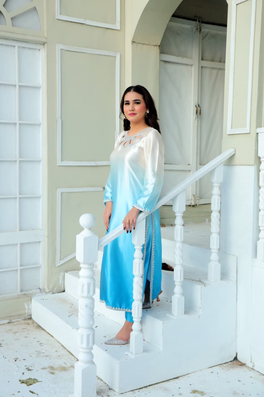Ethereal Blue Ombre Silk Suit with Pearl Detailing