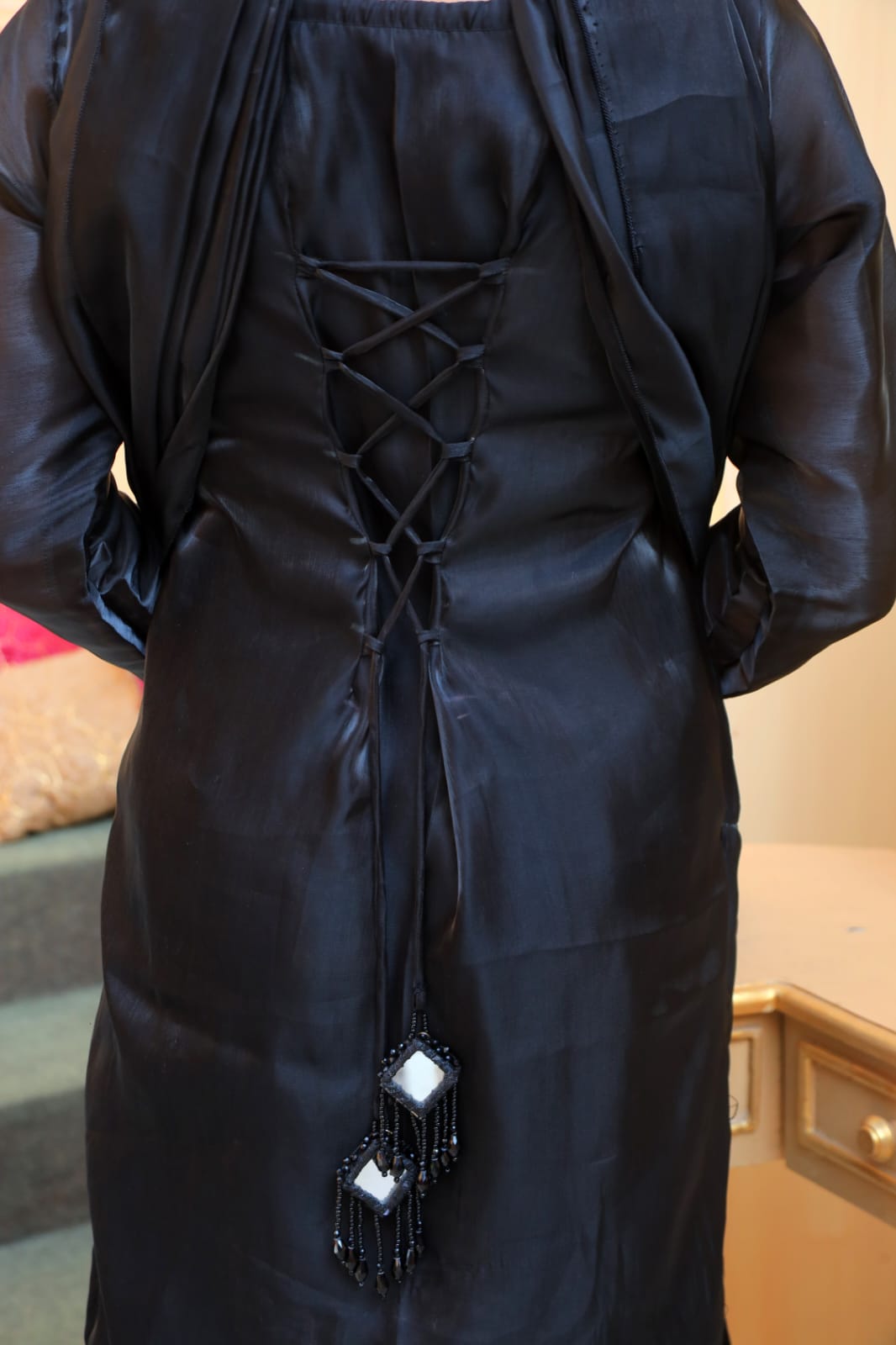 Midnight Black Silk Lace-Back Suit with Beaded Dupatta