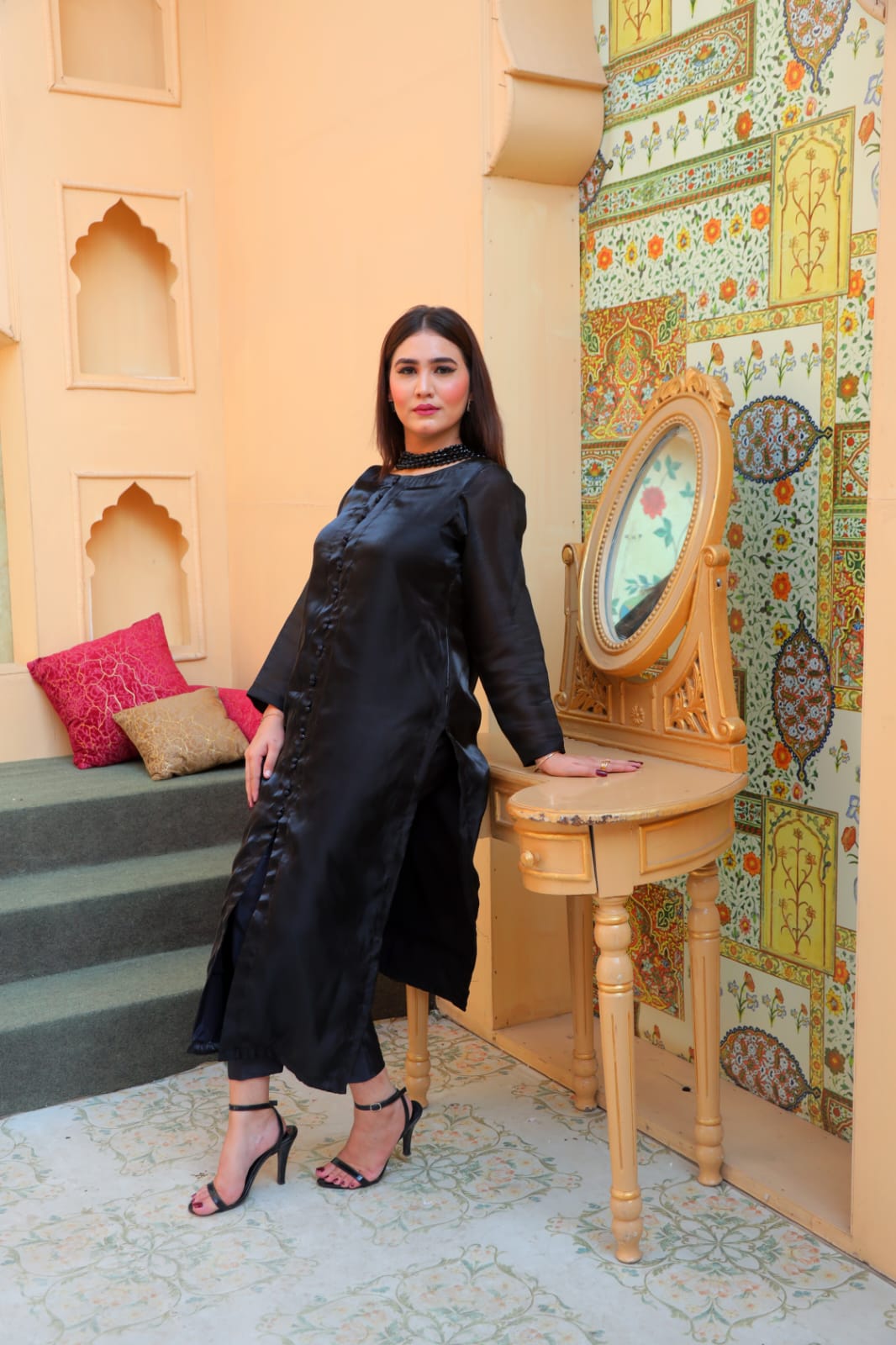 Midnight Black Silk Lace-Back Suit with Beaded Dupatta
