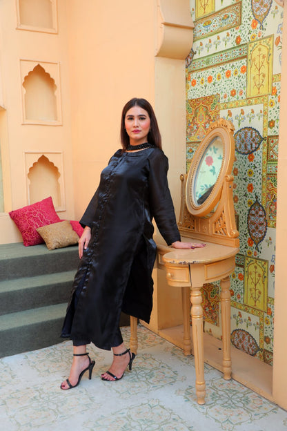 Midnight Black Silk Lace-Back Suit with Beaded Dupatta