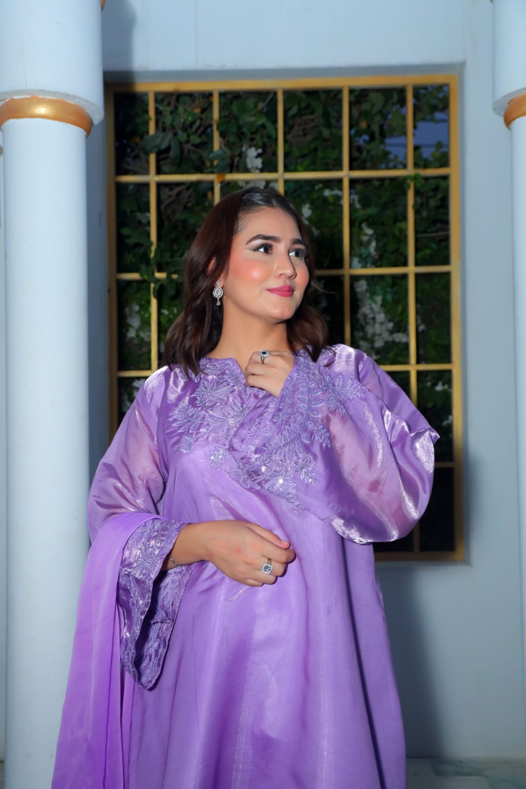 Lavender Sheesha Silk Kaftan Set with Flowing Chiffon Drape
